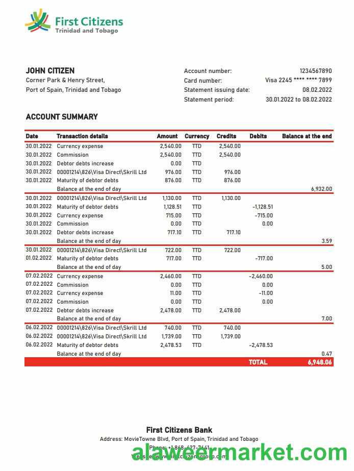 Trinidad and Tobago First Citizens bank statement xls